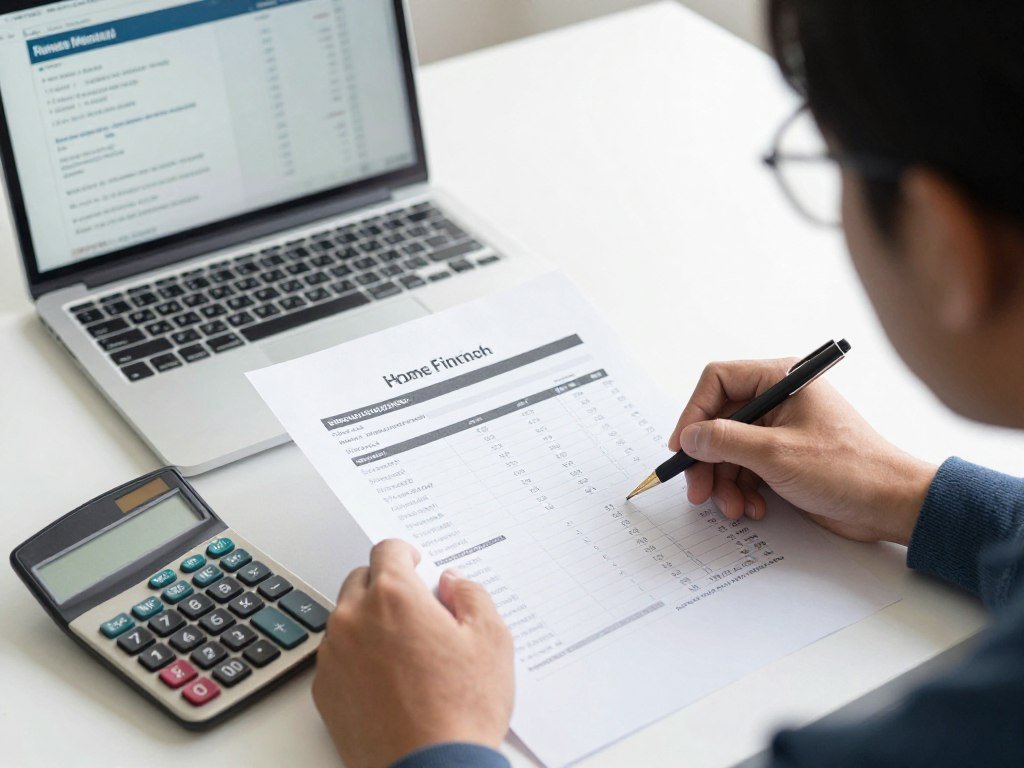 Person reviewing home construction financing options with calculator and documents