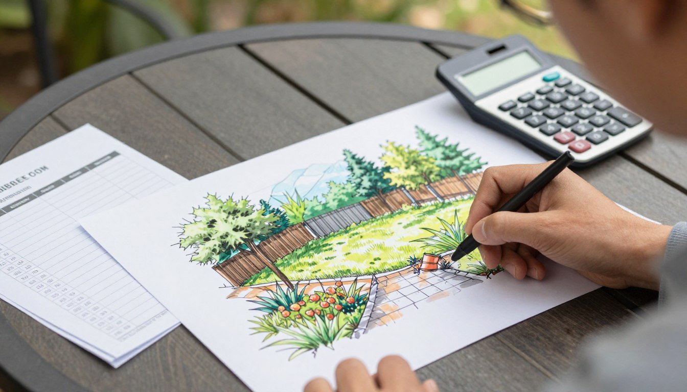 Person sketching backyard design plans with budget calculations nearby