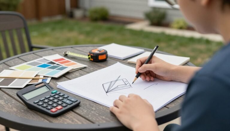 Person sketching deck plans with budget calculations and material samples