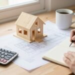 Person working on house building budget plans and blueprints on a desk with calculator and coffee