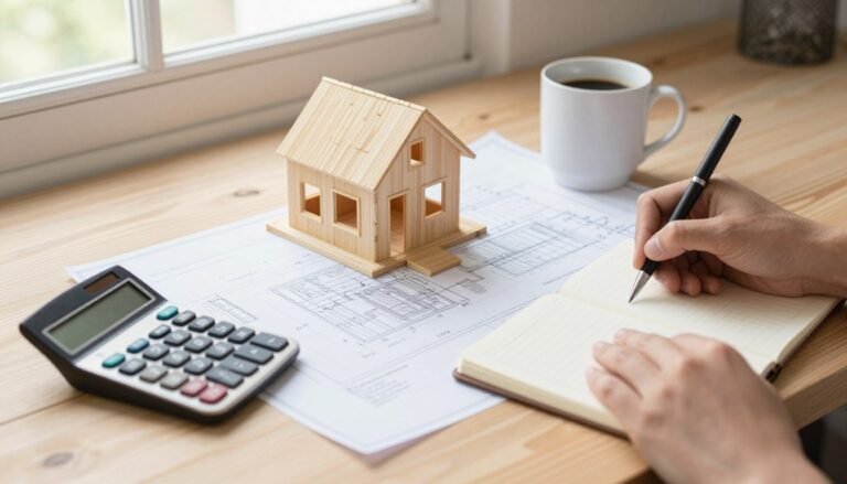 Person working on house building budget plans and blueprints on a desk with calculator and coffee