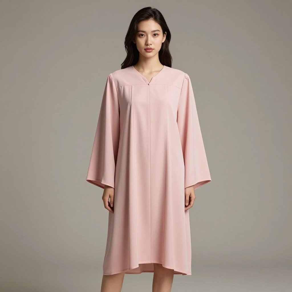 Petite figure in a graduation dress with vertical details