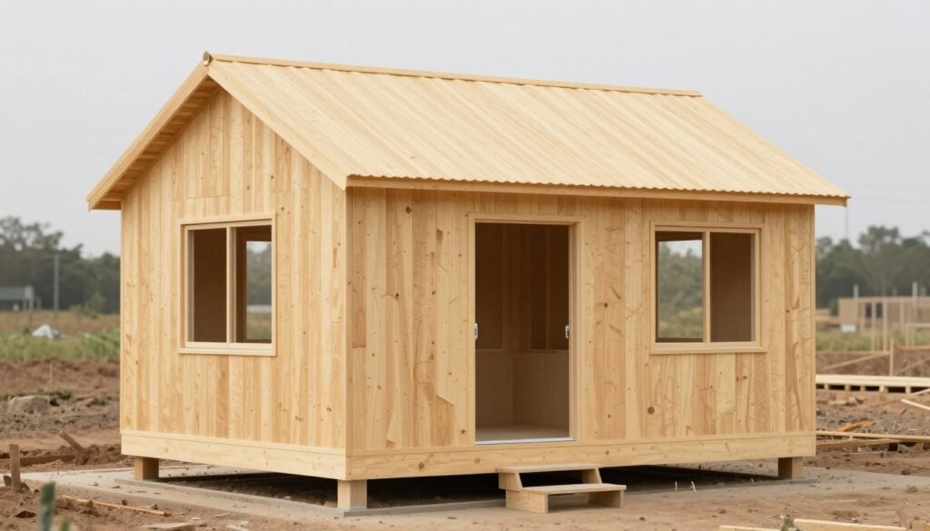 Phased cabin construction showing a weathertight shell ready for interior finishing