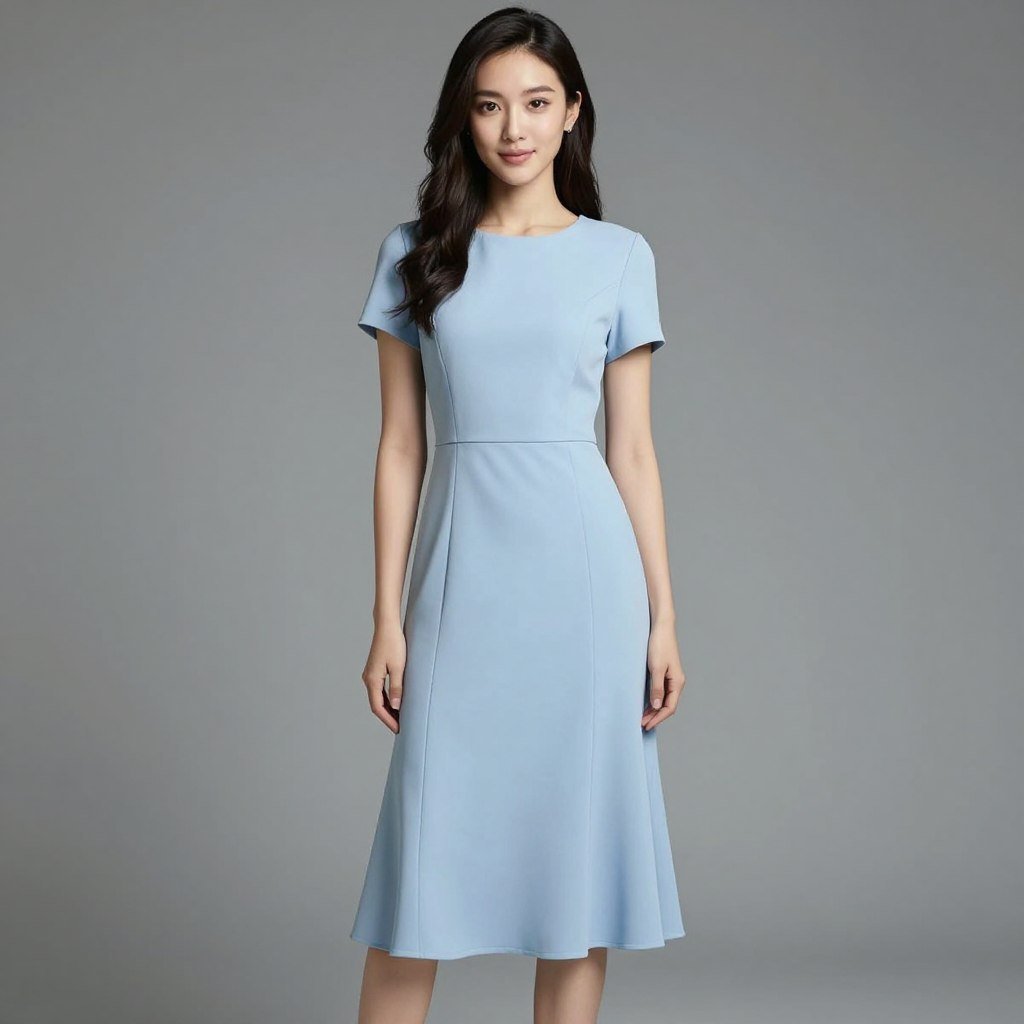 Powder blue midi dress flattering for petite frames