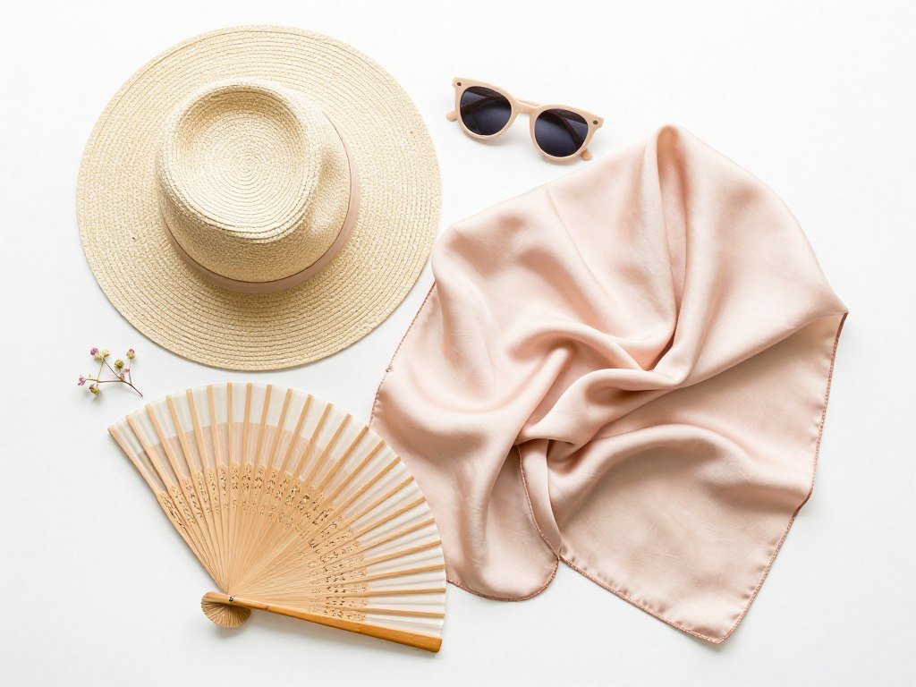 Practical accessories for outdoor summer weddings including hat and wrap