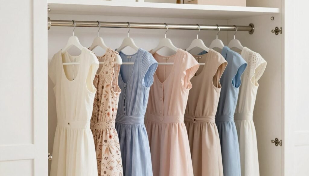 Properly hung short summer dresses in organized closet