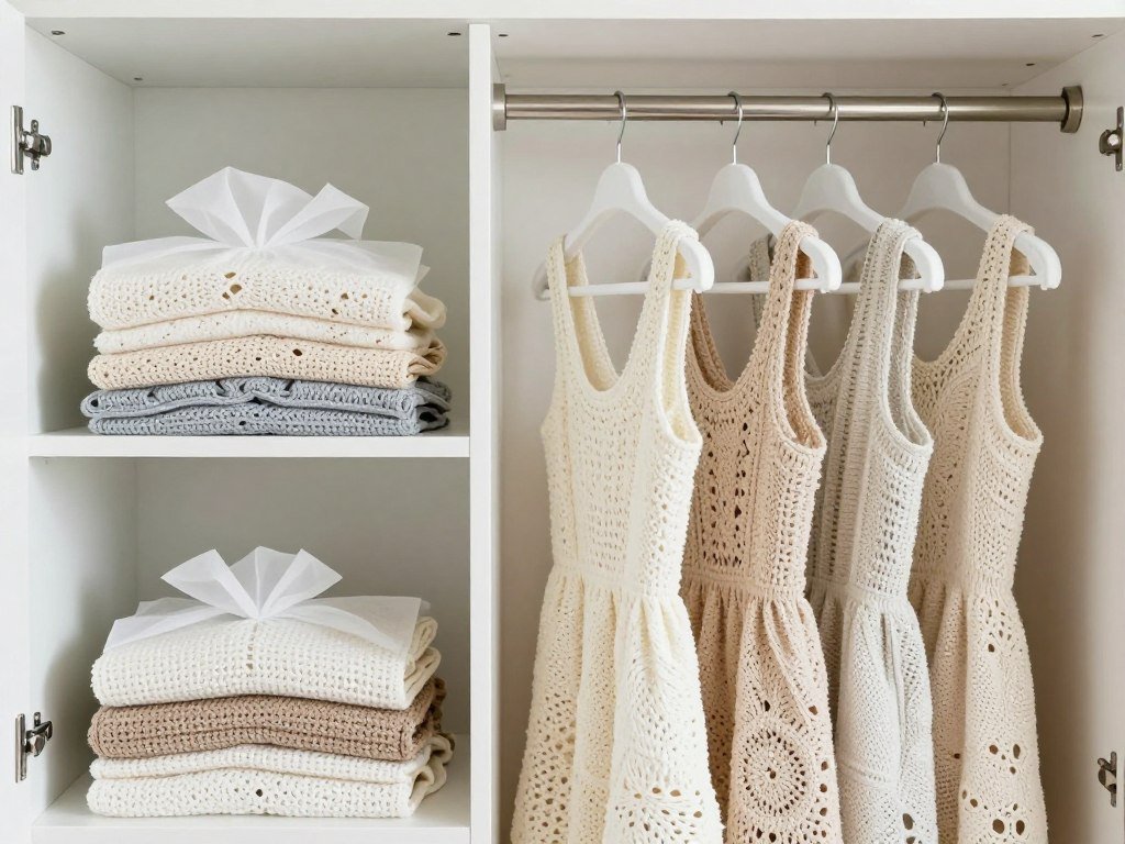 Properly stored crochet dresses in a wardrobe
