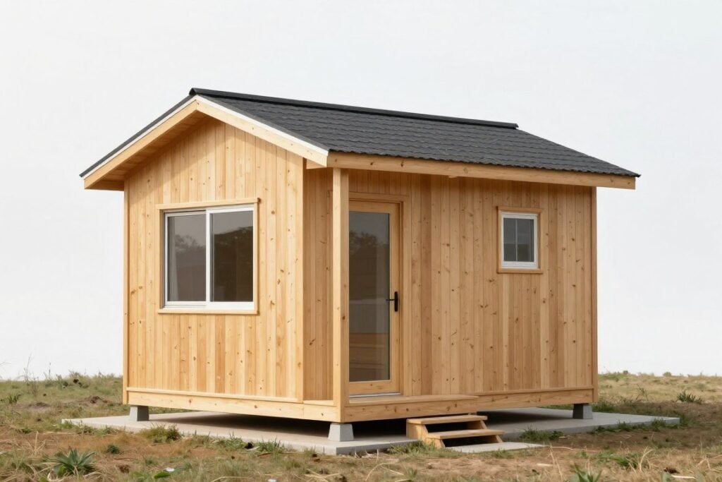 Rectangular small cabin with simple roofline and efficient use of materials