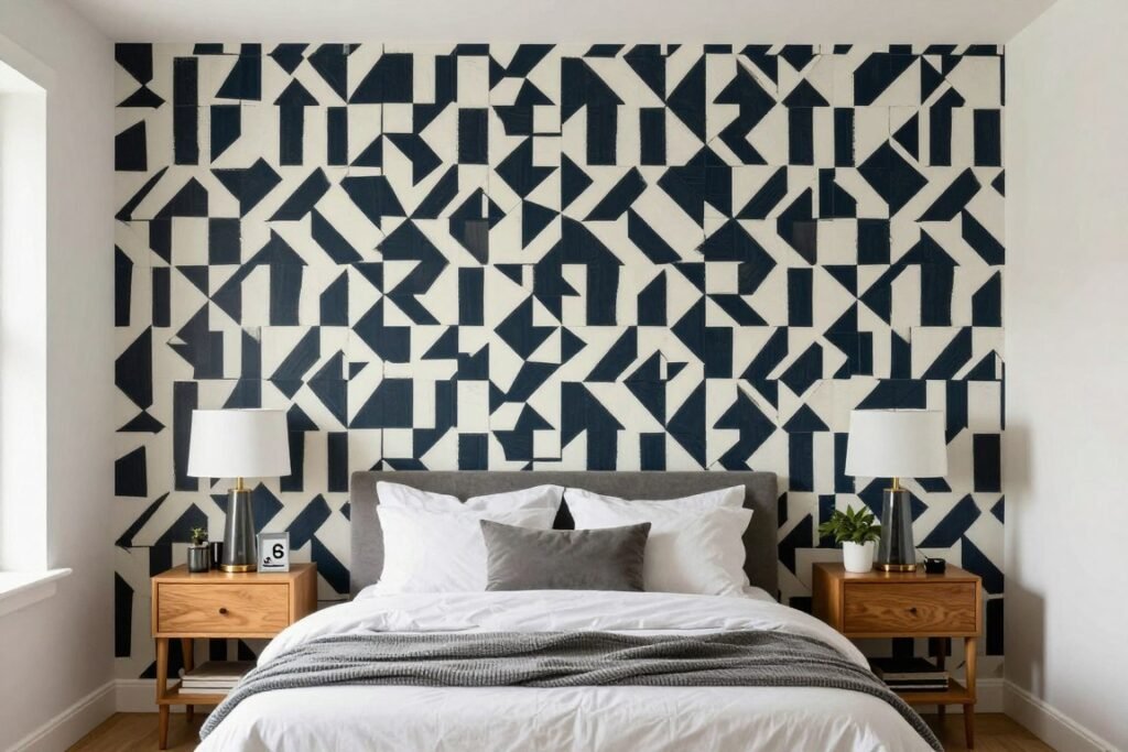 Rental apartment bedroom with peel and stick wallpaper creating a stunning accent wall