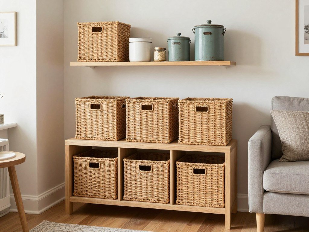 Rental apartment living room with decorative baskets and containers providing stylish storage
