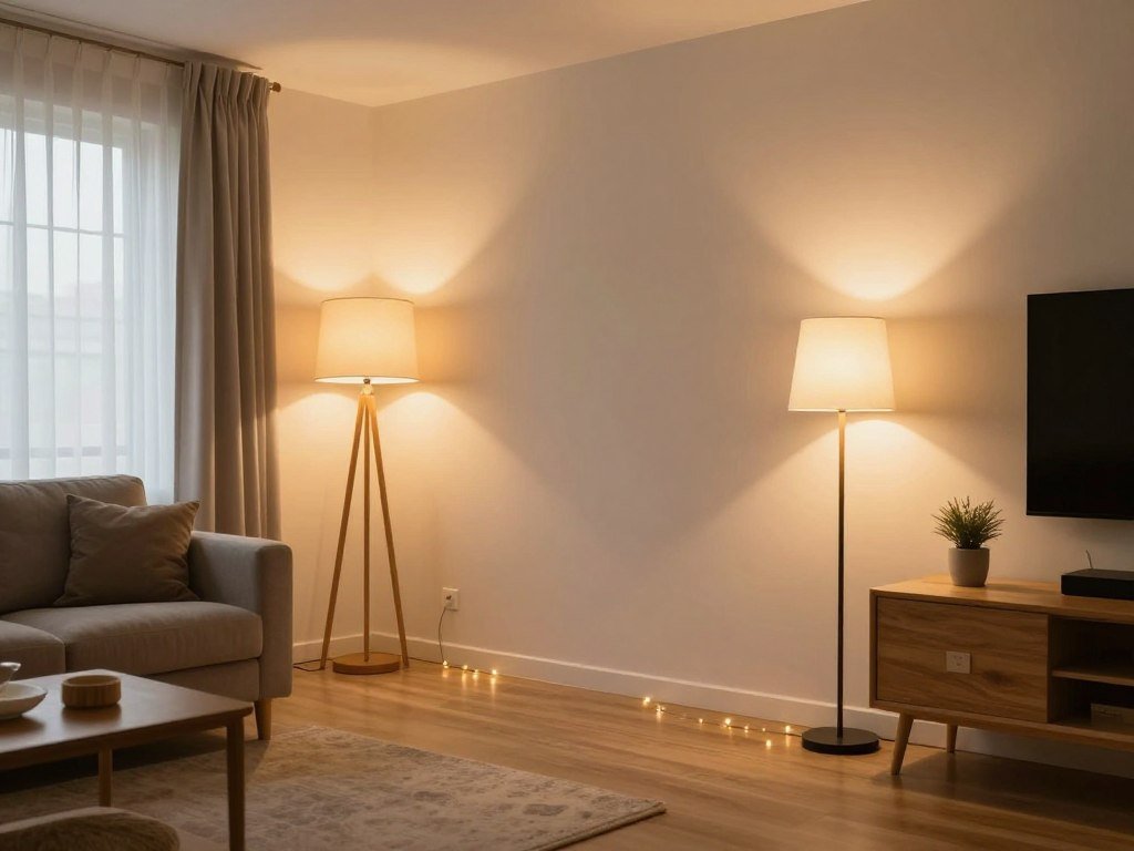 Rental apartment living room with strategic lamp placement creating warm ambiance
