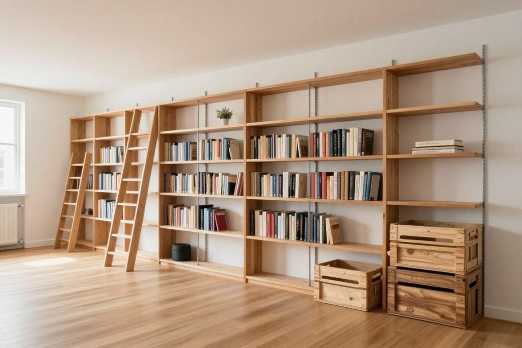 Rental apartment with leaning bookcases and vertical storage maximizing space