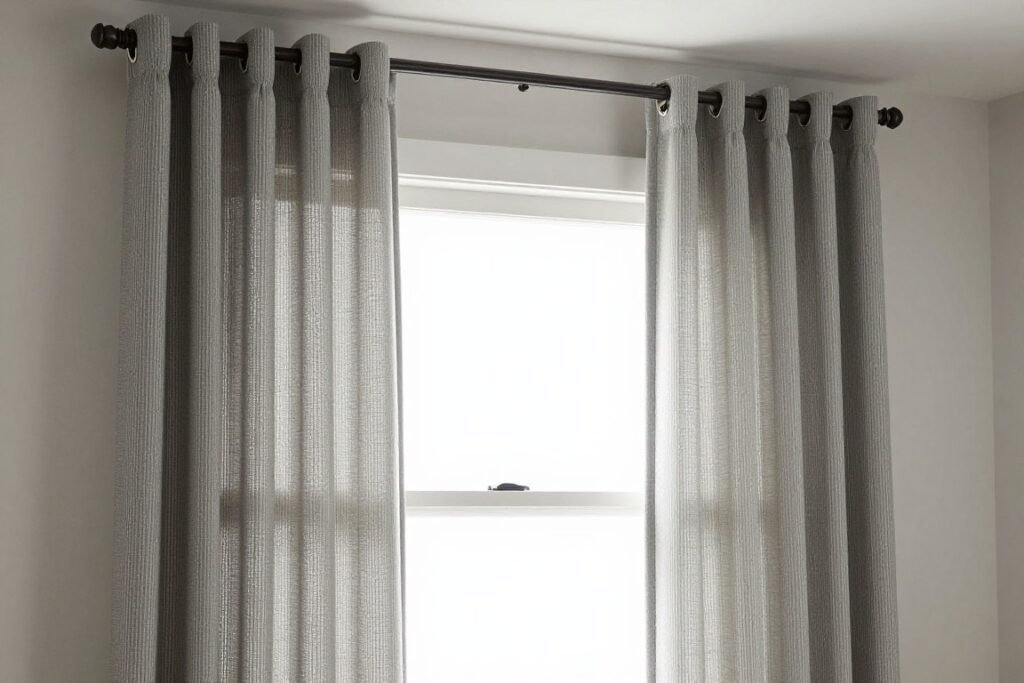 Rental apartment with tension rod curtains covering basic blinds and adding style