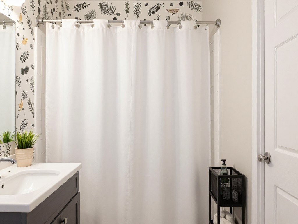 Rental bathroom with removable updates like peel-and-stick wallpaper and over-the-toilet storage