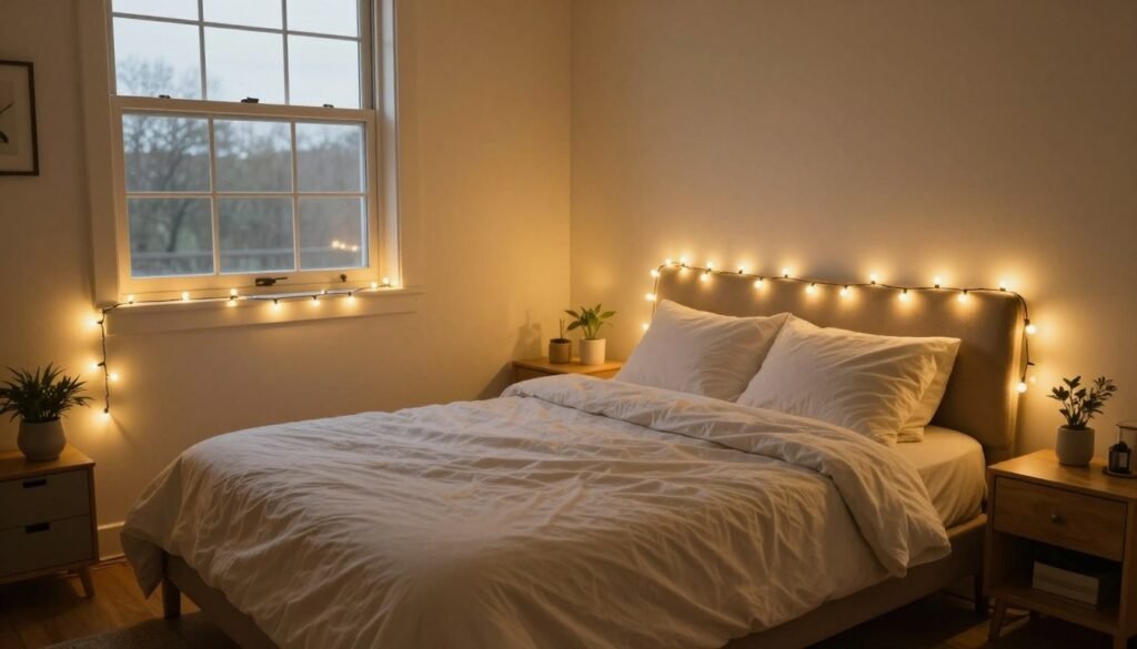 Rental bedroom with string lights creating cozy atmosphere on a budget