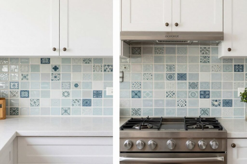 Rental kitchen with peel-and-stick backsplash creating high-end look on a budget