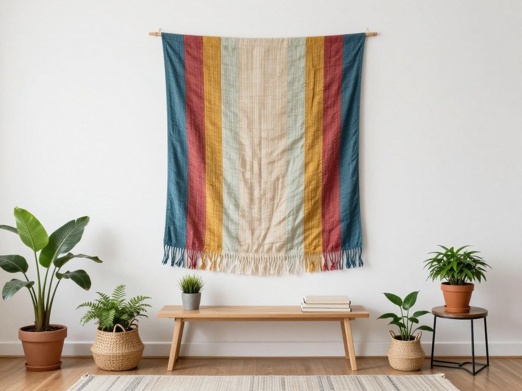 Rental living room with colorful fabric wall hanging adding texture and color