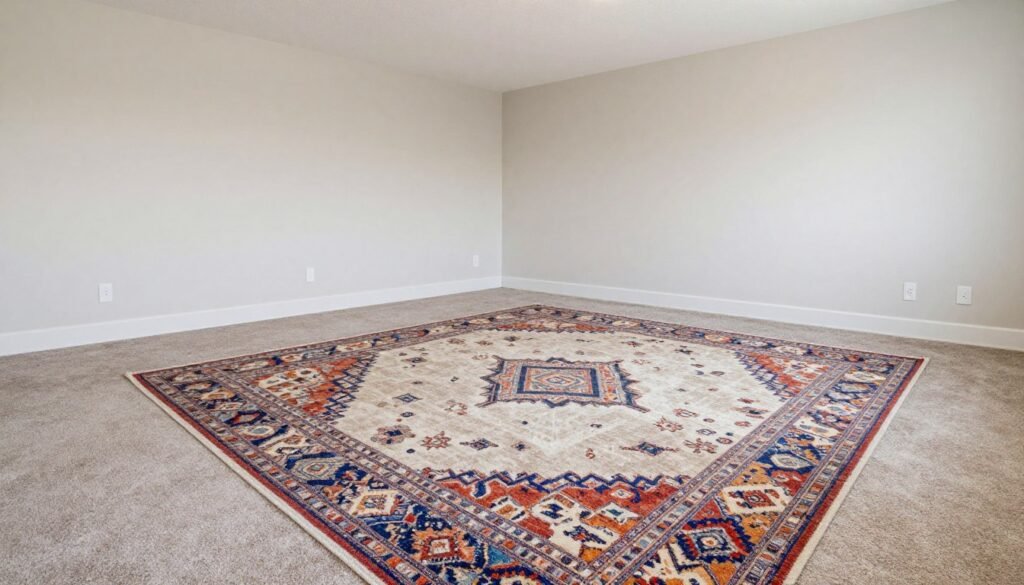 Rental living room with layered area rugs adding color and texture over basic flooring