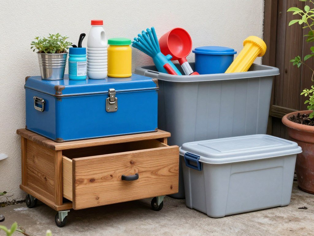 Repurposed containers used for outdoor storage in a small backyard