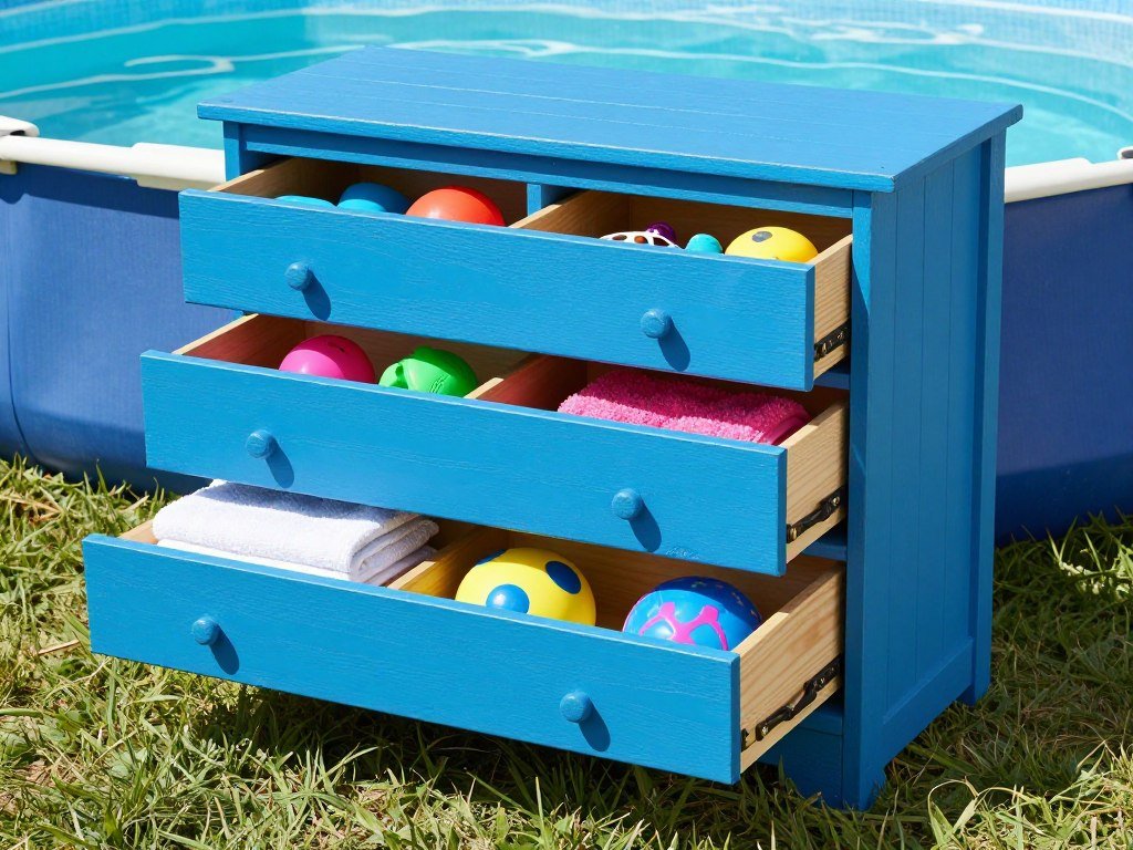 Repurposed dresser painted for outdoor use serving as poolside storage for toys and equipment