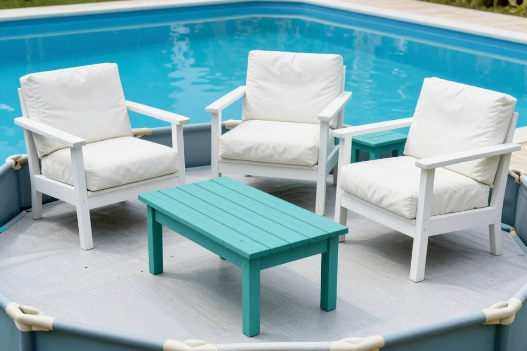 Repurposed indoor furniture painted and sealed for outdoor use around a pool