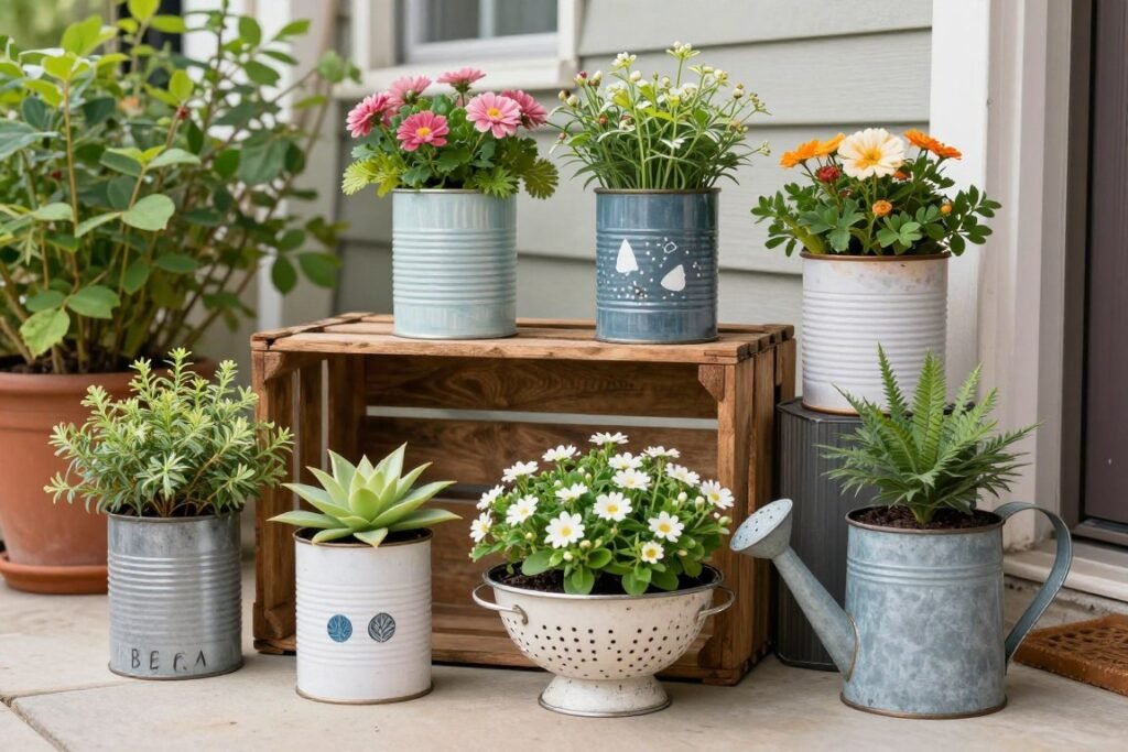 Repurposed items used as creative planters on a budget patio