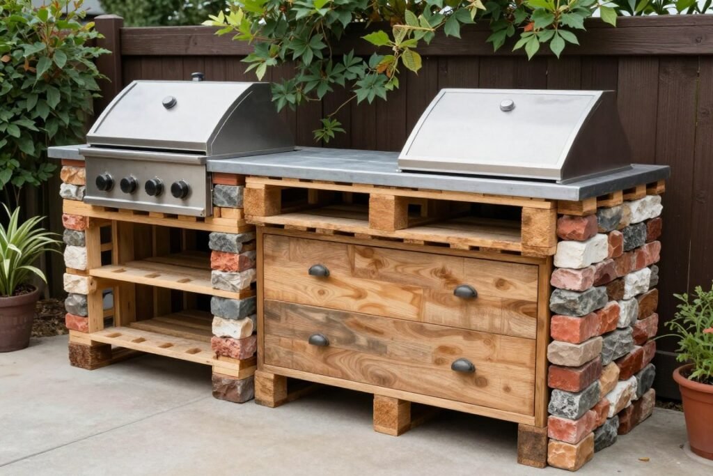 Repurposed materials being used in outdoor kitchen construction