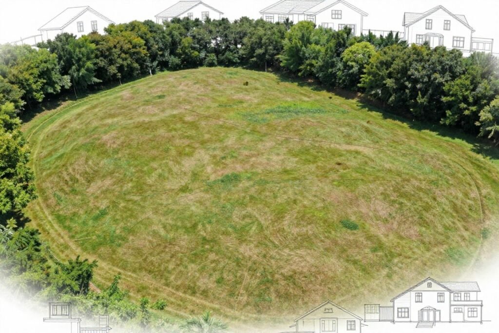 Rural plot of land with simple house design blueprints overlaid