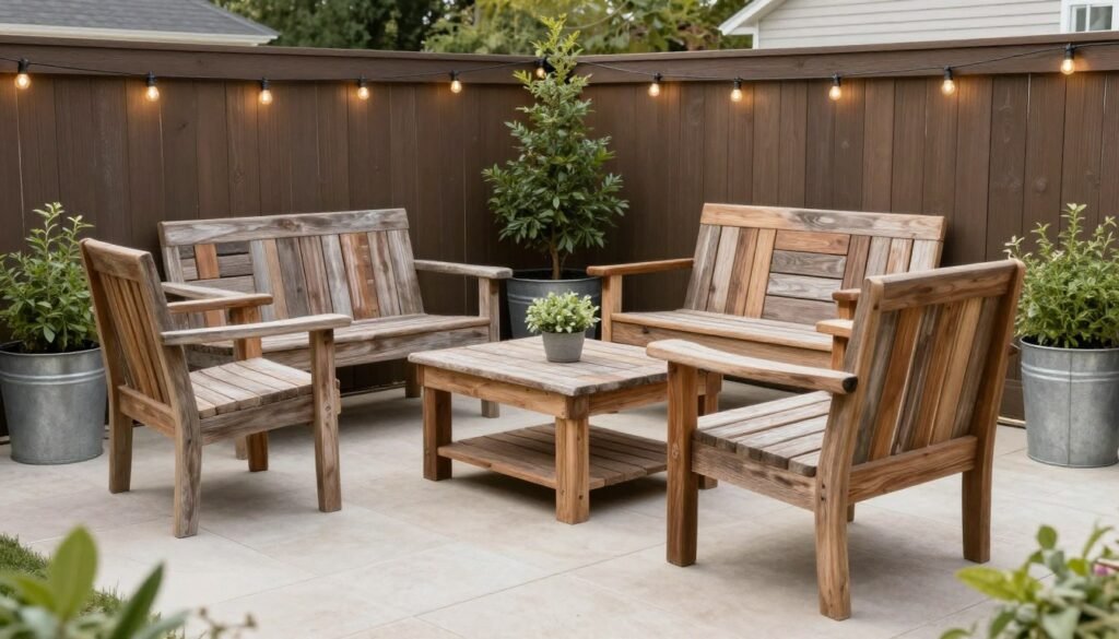 Rustic farmhouse style patio with repurposed wood furniture, galvanized metal accents, and simple greenery