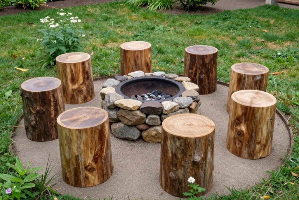 Rustic log seating arrangement in a small garden setting