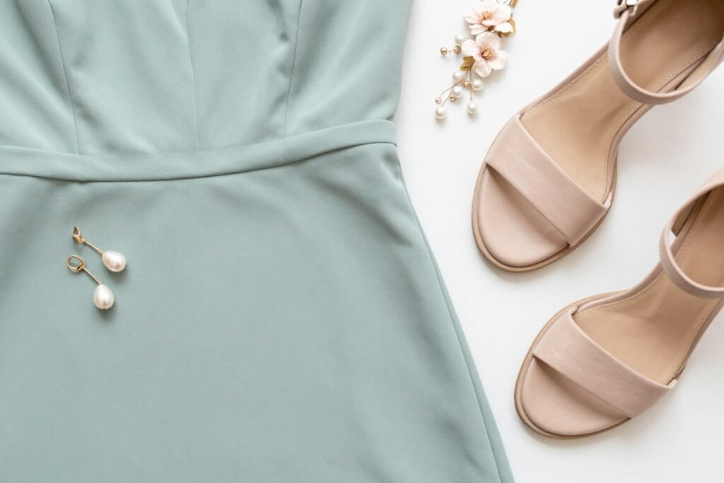 Sage green dress paired with pearl and floral accessories