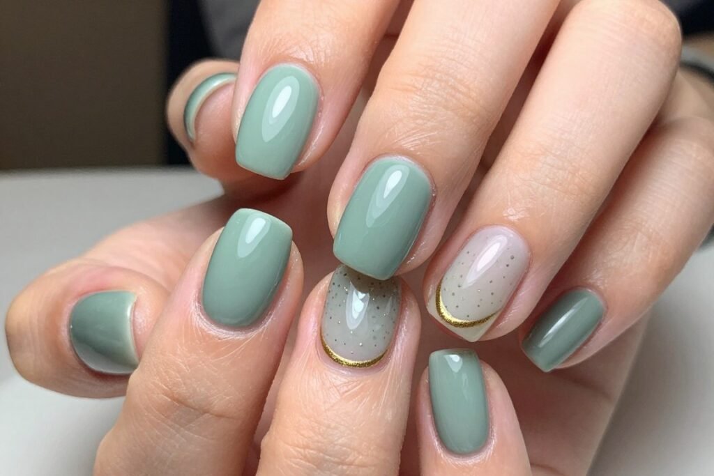 Sage green manicure with gold accent nail