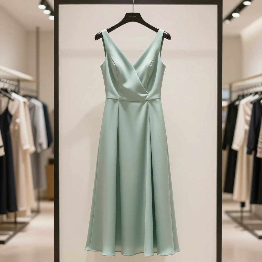 Sage green spring wedding guest dress hanging on display Sage green spring wedding guest dress hanging on display