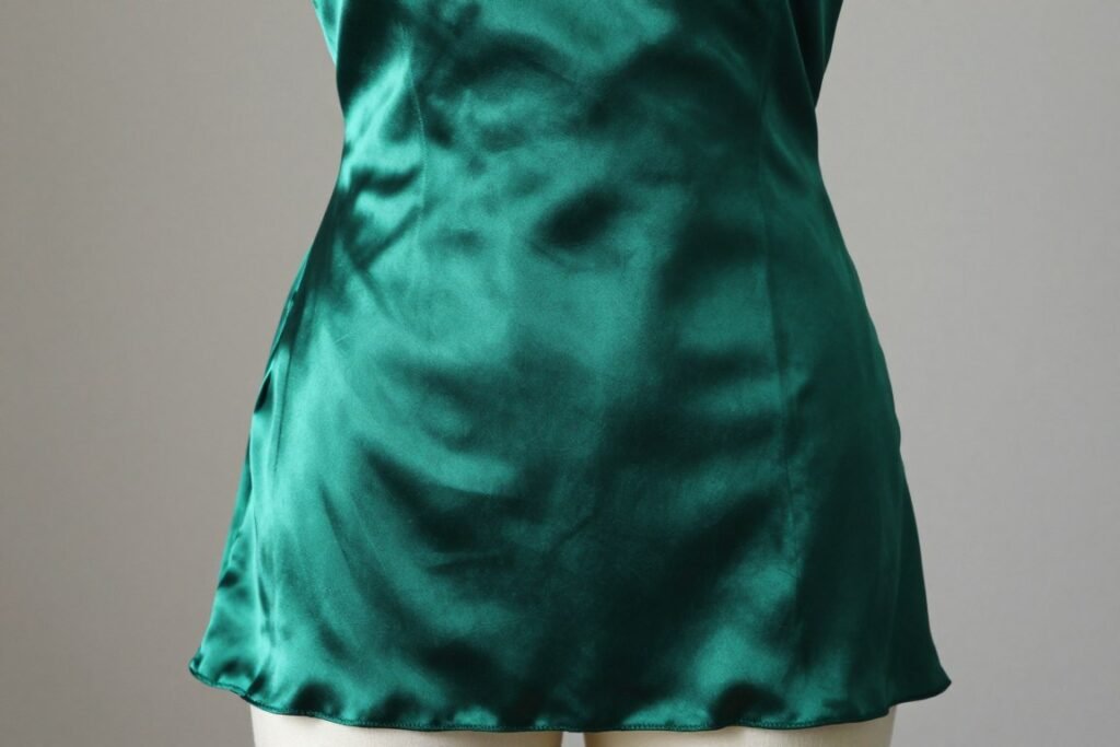 Satin babydoll dress in emerald green showing luxurious fabric sheen