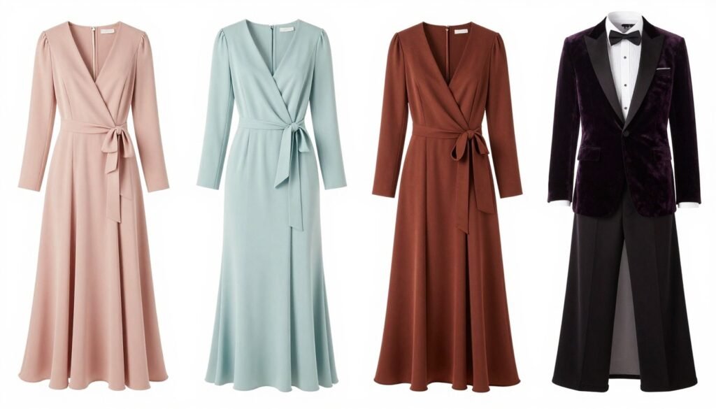 Seasonal formal wedding guest attire options for spring, summer, fall and winter