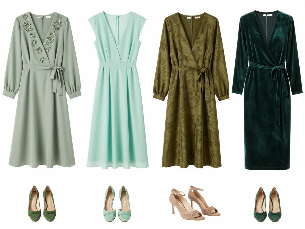 Seasonal green dress options with appropriate accessories