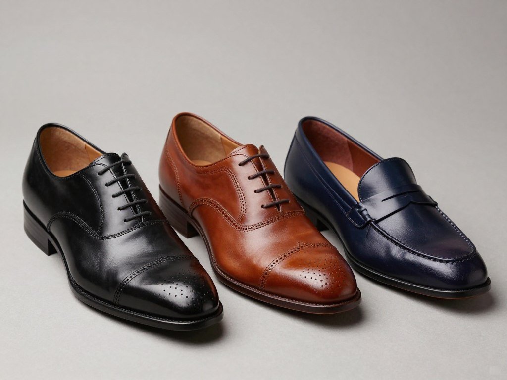 Selection of men's dress shoes appropriate for wedding guest attire
