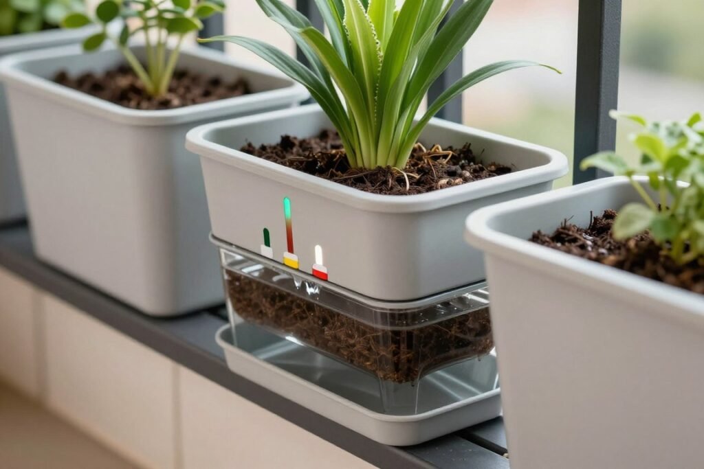 Self-watering containers with water level indicators showing the reservoir system