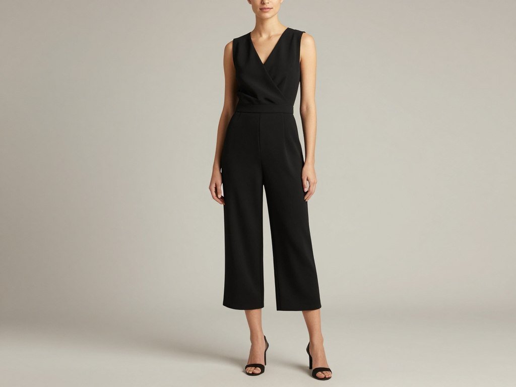 Semi-formal black jumpsuit with cropped legs and wrap top for casual wedding guests