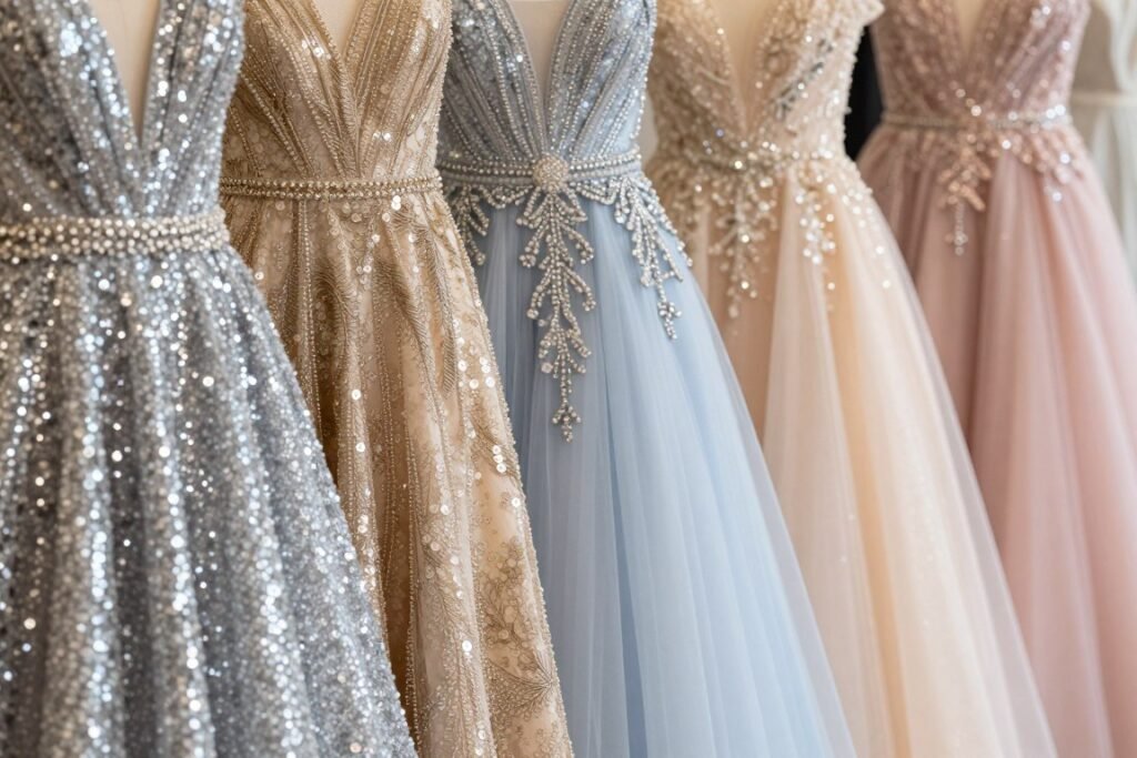 Sequin and sparkle details on high school graduation dresses