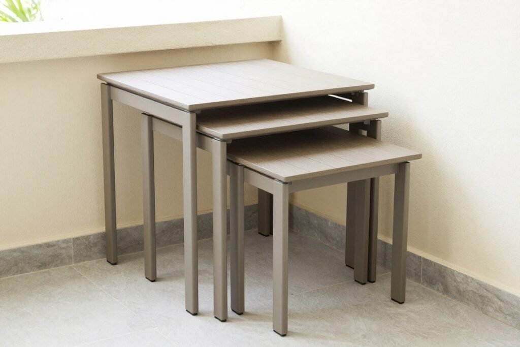 Set of nesting tables for balcony use shown stacked and separated