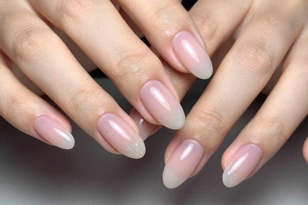 Sheer pink manicure on almond-shaped nails