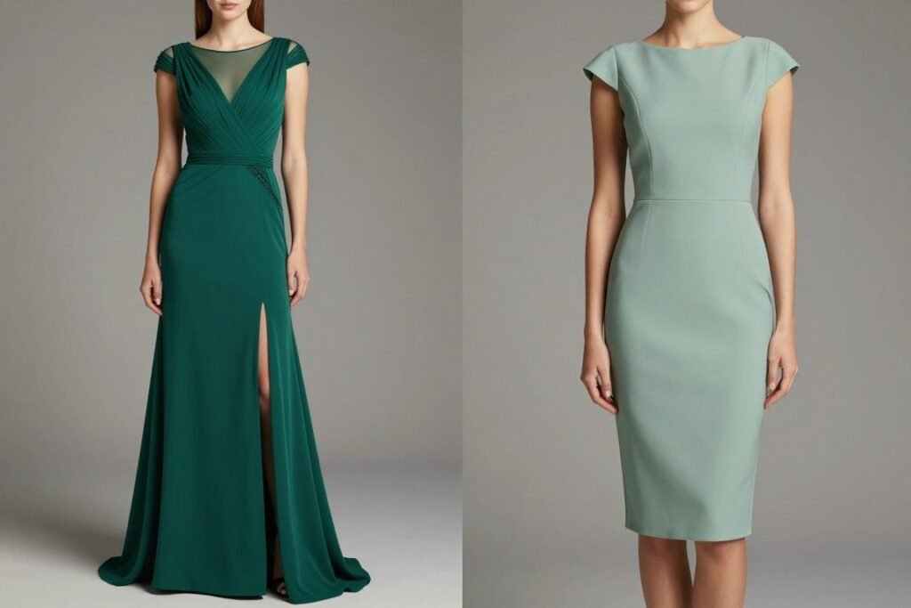 Side by side comparison of formal vs cocktail green dresses