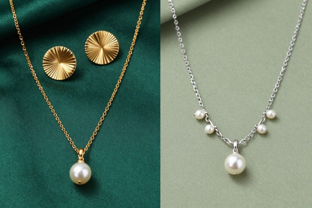 Side by side comparison of jewelry for deep vs light green dresses