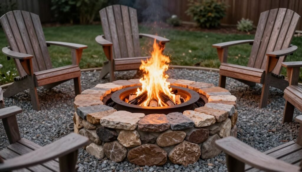 Simple DIY fire pit with stone surround and gravel base, easy backyard ideas on a budget