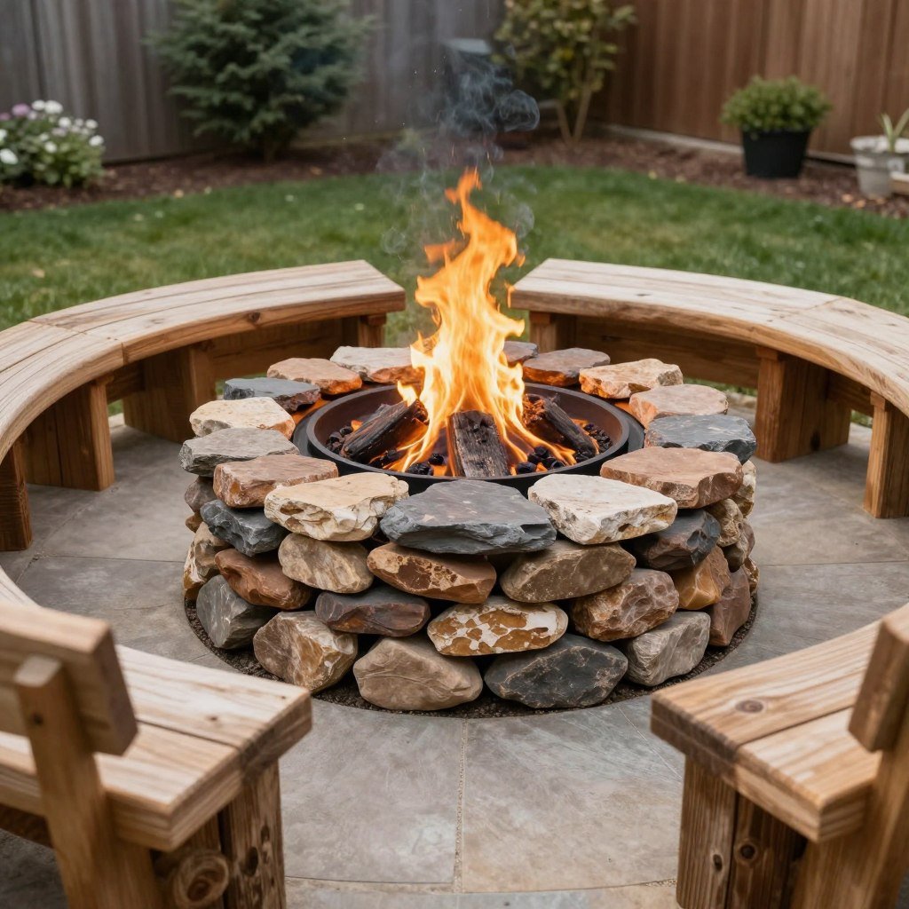 Simple DIY fire pit with stone surround and wooden seating