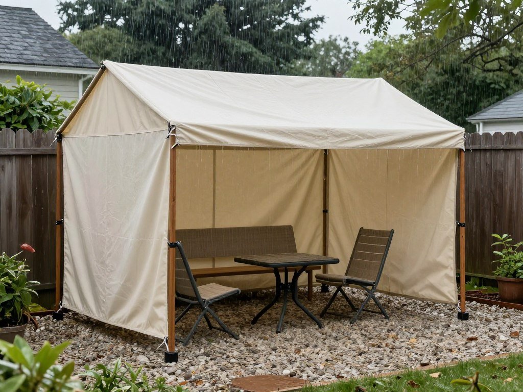 Simple rain shelter over a seating area in a small backyard