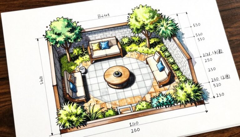 Sketch of backyard oasis design plan with budget notes and measurements