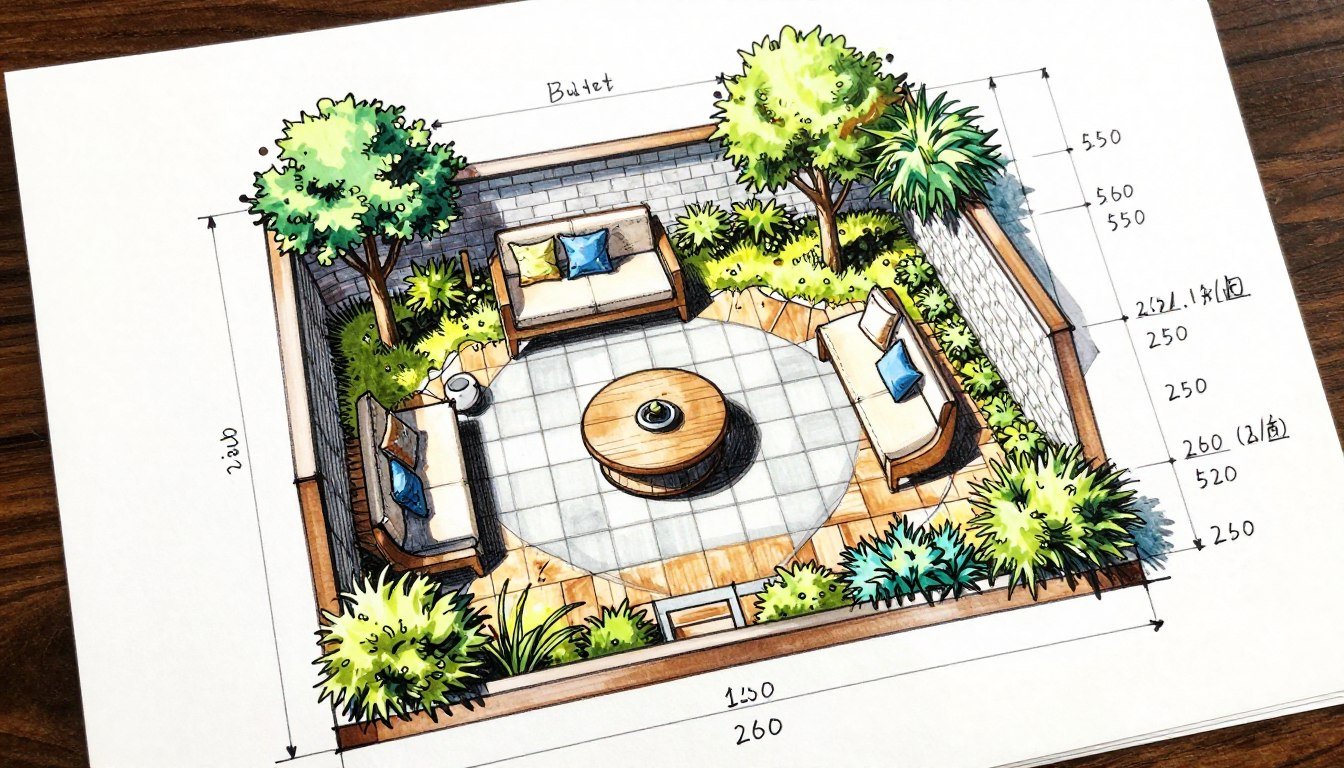 Sketch of backyard oasis design plan with budget notes and measurements
