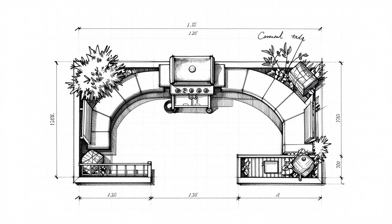 Sketch of outdoor grill area layout with measurements and material notes for a DIY budget project